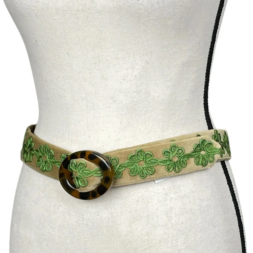 J. McLaughlin Womens Tan Velvet Belt Green Embroidery Tortoise Buckle S Preppy - Picture 2 of 9